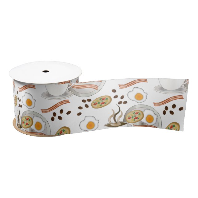 Coffee and Savory Breakfast Bacon | Eggs Pattern Satin Ribbon (Spool)