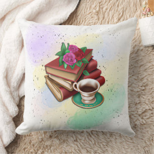 Coffee and Stack of Books Cushion