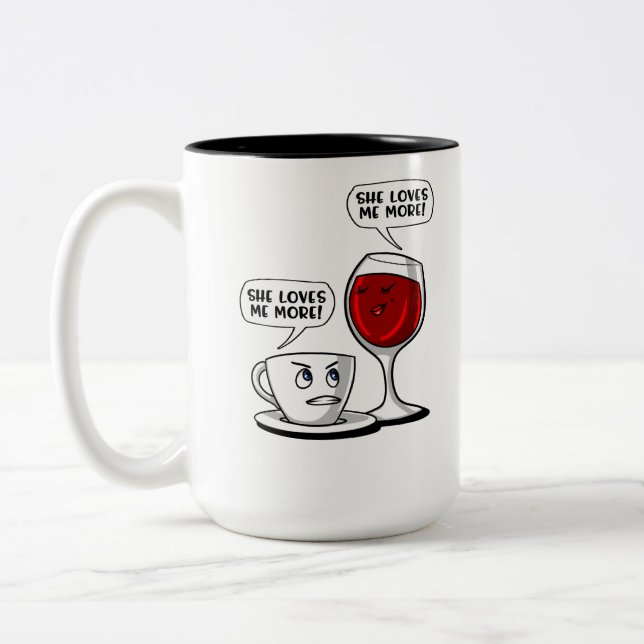 Coffee And Wine She Loves Me More Two-Tone Coffee Mug (Left)