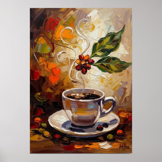 Coffee Art: Steaming Mug & Cherry Branch Poster (Front)