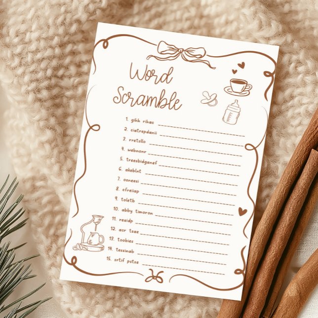 Coffee Baby is Brewing Word Scramble Game (Hand Drawn Coffee Baby Shower Word Scramble Game)