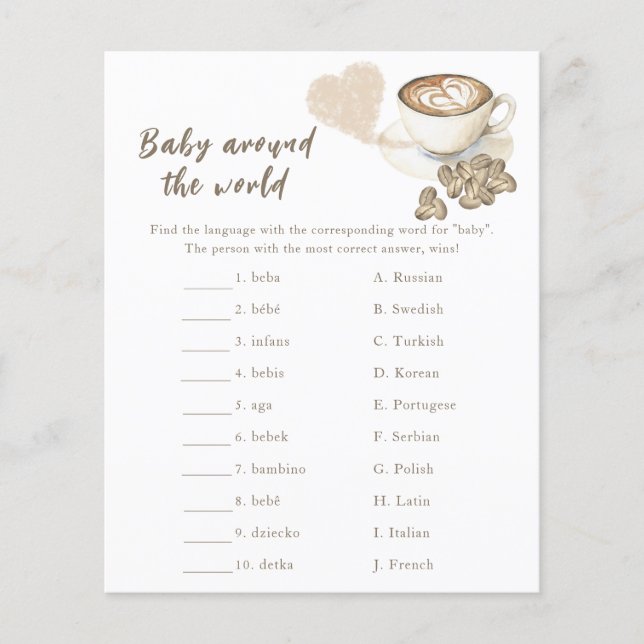 Coffee baby shower - Baby around the world game (Front)