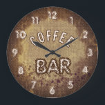 Coffee Bar  Large Clock<br><div class="desc">This rustic Coffee Bar wall clock features a warm coffee-inspired design with a simulated burlap texture and natural coffee stain effects. The background mimics coffee splashes on fabric, creating a cozy and authentic café atmosphere. The soft beige and coffee tones make this clock a perfect addition to kitchen spaces, coffee...</div>