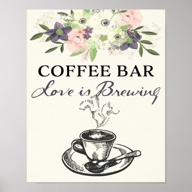 Coffee Bar Sign Wedding/Bridal Watercolor Floral (Front)