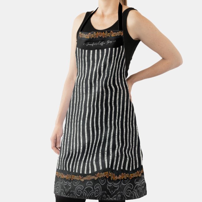 Coffee Bean Damask Black White Striped w Your Name Apron (Insitu)