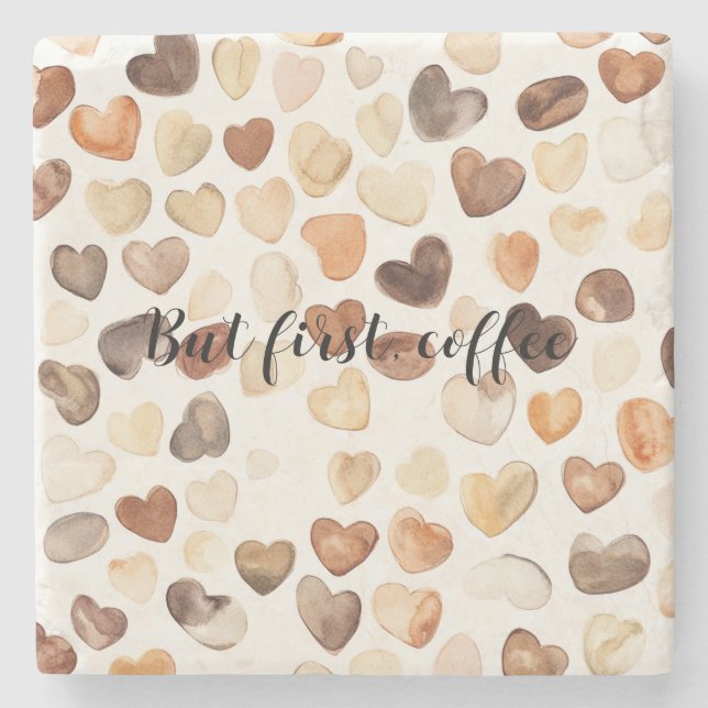Coffee Bean Hearts Coffee First Stone Coaster (Front)