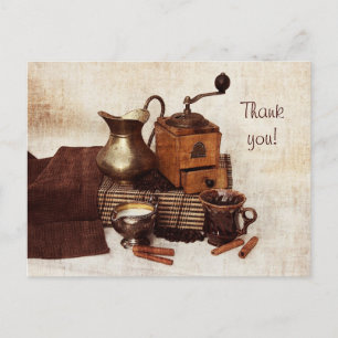 Coffee beans and old coffee mill thank you card