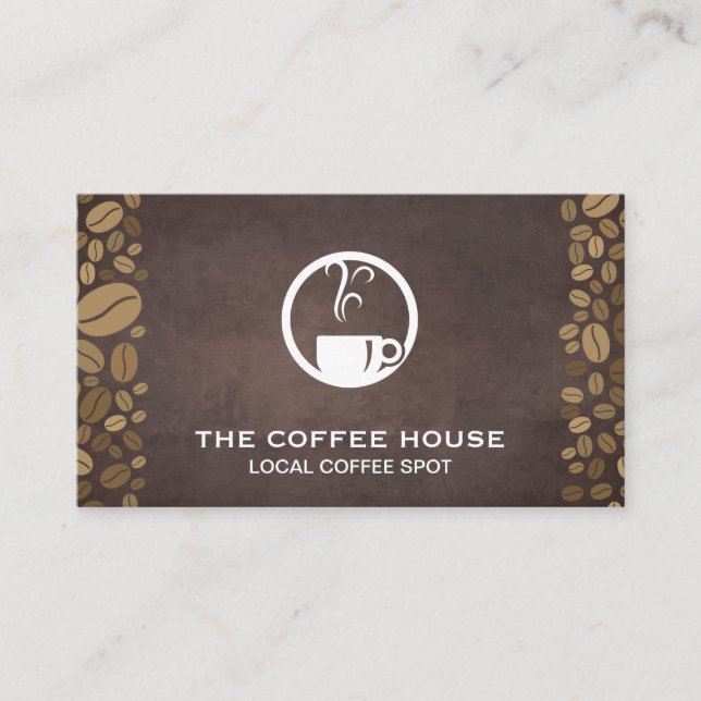 Coffee Beans and Steaming Mug Business Card (Front)