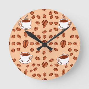 Coffee Beans Cups Cozy Pattern Round Clock