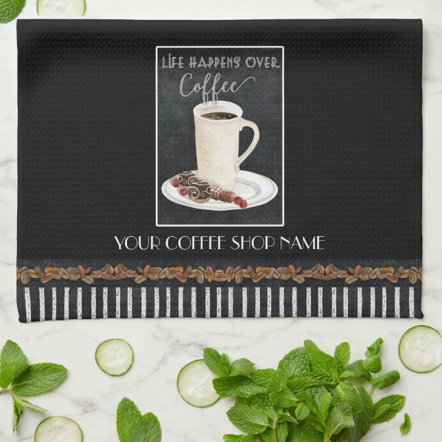 Coffee Beans Latte Black White Chocolate Shop Tea Towel (Folded)