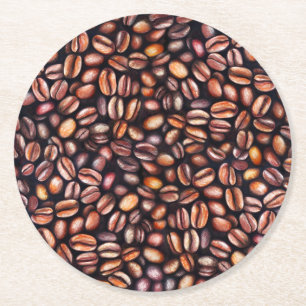 Coffee Beans Pencil Drawing Pattern Rustic Brown Round Paper Coaster