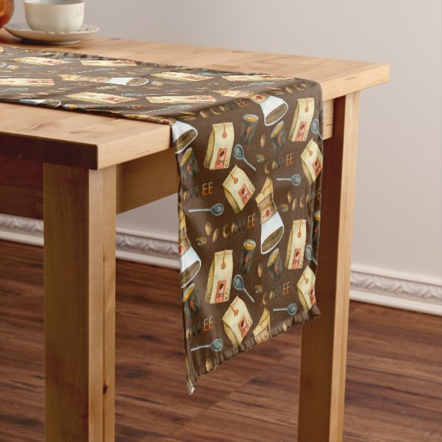 Coffee Beans Pot Bag Spoon Pattern Long Table Runner (In Situ)