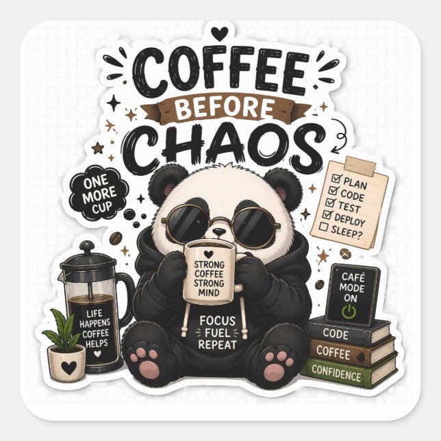 Coffee Before Chaos – Cosy Panda Coffee Sticker (Front)