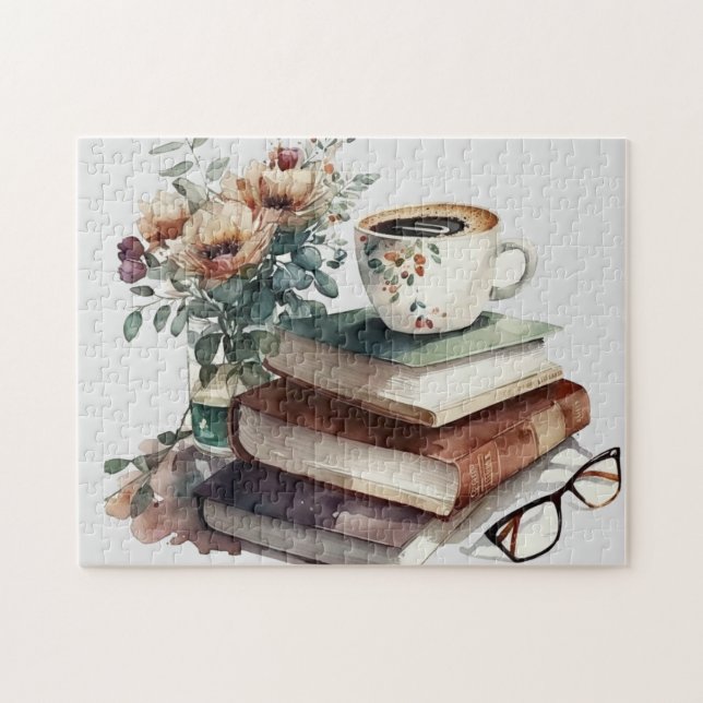 Coffee Boho Floral Green Brown Watercolor Jigsaw Puzzle (Horizontal)
