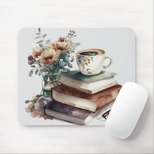 Coffee Boho Floral Green Brown Watercolor  Mouse Pad