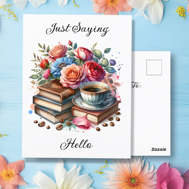 Coffee, Books and Flowers | Thinking About You Postcard (Creator Uploaded)