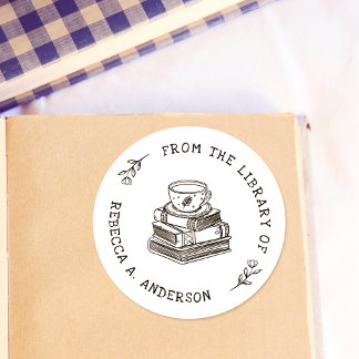 Coffee & Books Boho Personal Library Bookplate Classic Round Sticker