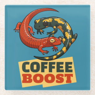 Coffee Boost Cute Red & Fire Salamanders Cartoon Glass Coaster