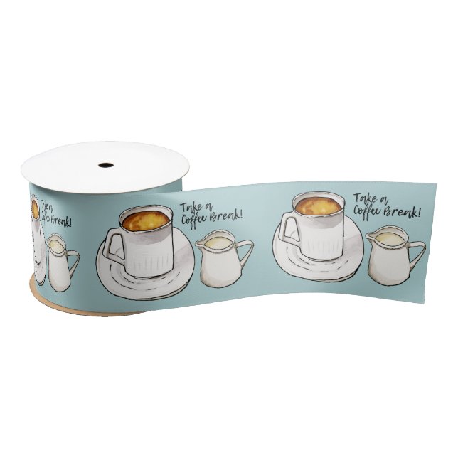 Coffee Break Watercolor and Ink Illustration Satin Ribbon (Spool)