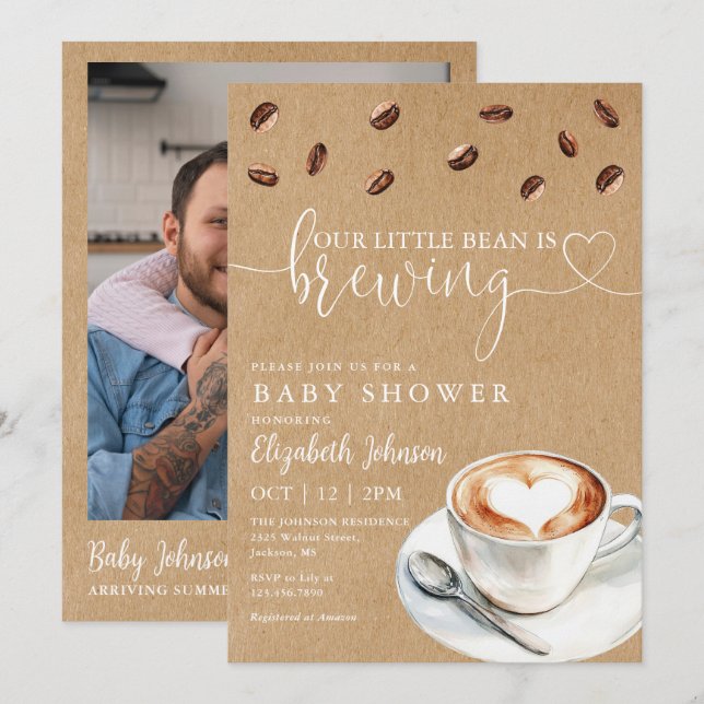 Coffee Brewing Baby Shower Photo QR Code Invitation (Front/Back)
