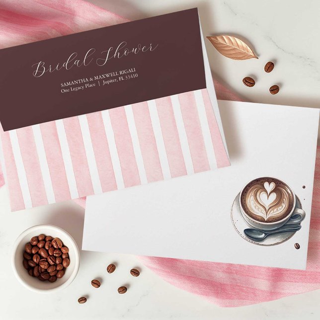 Coffee Bridal Shower Theme Invitation Envelopes (Pink coffee bridal shower invitation envelopes feature decorative stripes and a cup of latte)