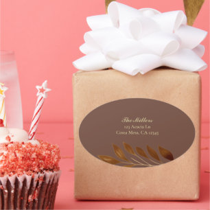 Coffee Brown and Gold Leaf Wedding Return Address Oval Sticker