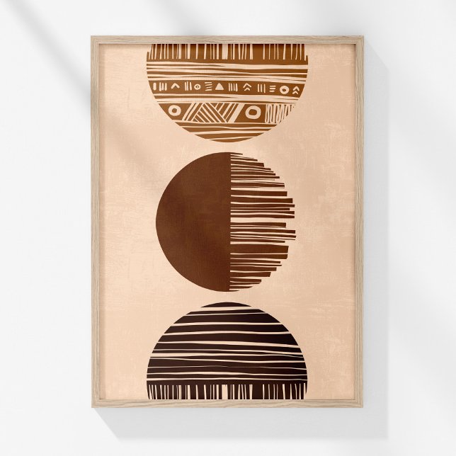 Coffee Brown Beige Abstract Boho Wall Art Poster (Boho Neutral Abstract Tribal Sun and Moon Wall Art in a wooden frame on a sunny white wall.)