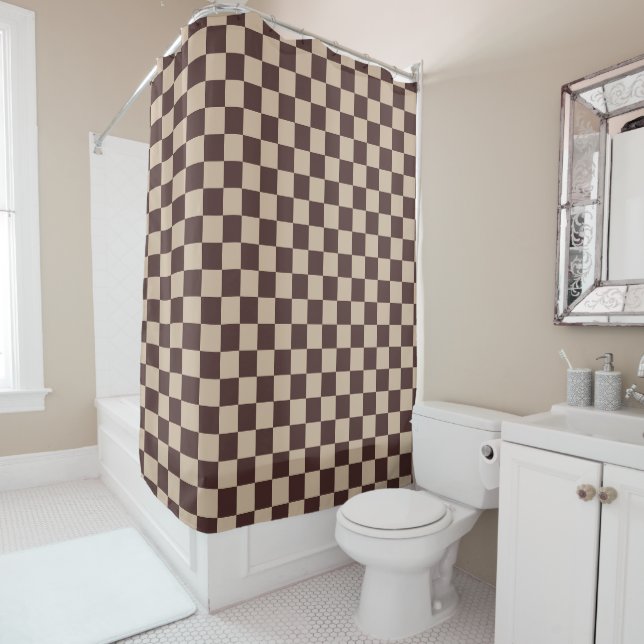 Coffee Brown Chequerboard Shower Curtain (In Situ)
