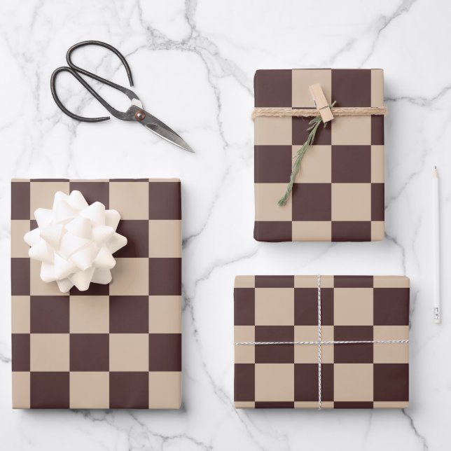 Coffee Brown Chequerboard Wrapping Paper Sheet (Front)