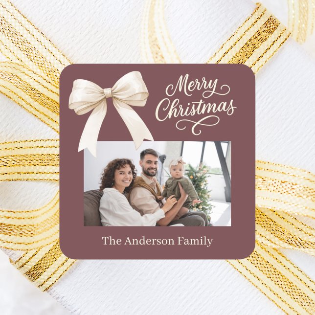 Coffee brown cream bow photo script Christmas Square Sticker (Creator Uploaded)