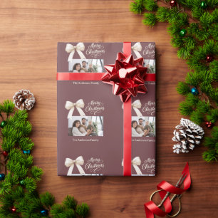 Coffee brown cream bow photo script Christmas Wrapping Paper