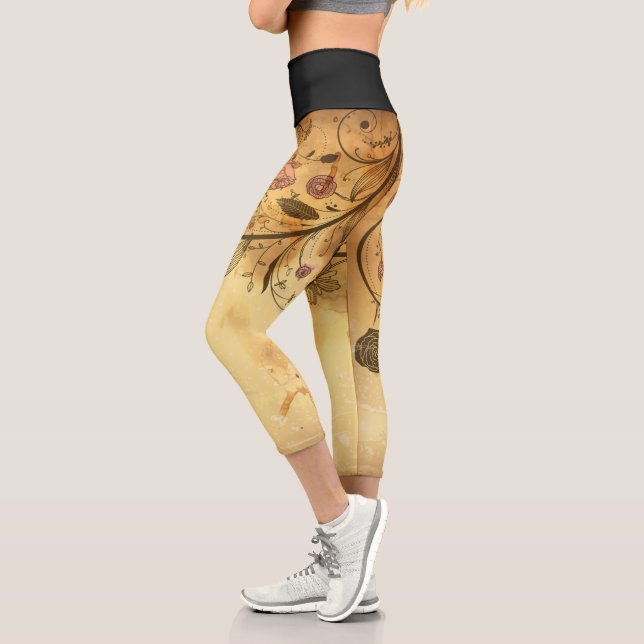 Coffee Brown Flourish Pink Roses Capri Leggings (Left)