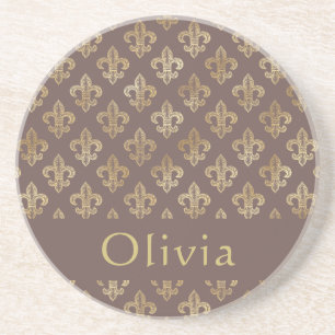 Coffee Brown & Gold Fleur De Lis Personalised Coaster