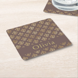 Coffee Brown & Gold Fleur De Lis Personalised Square Paper Coaster