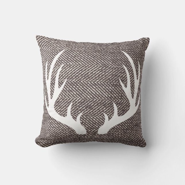 Coffee Brown Herringbone & Deer Antlers Cushion (Front)