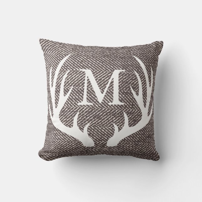 Coffee Brown Herringbone & Deer Antlers Cushion (Front)