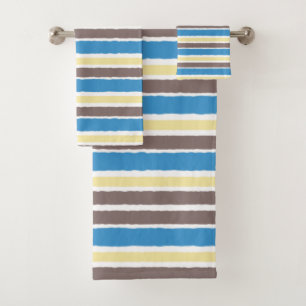 Coffee Brown Popcorn Yellow Sonic Blue Stripes Bath Towel Set