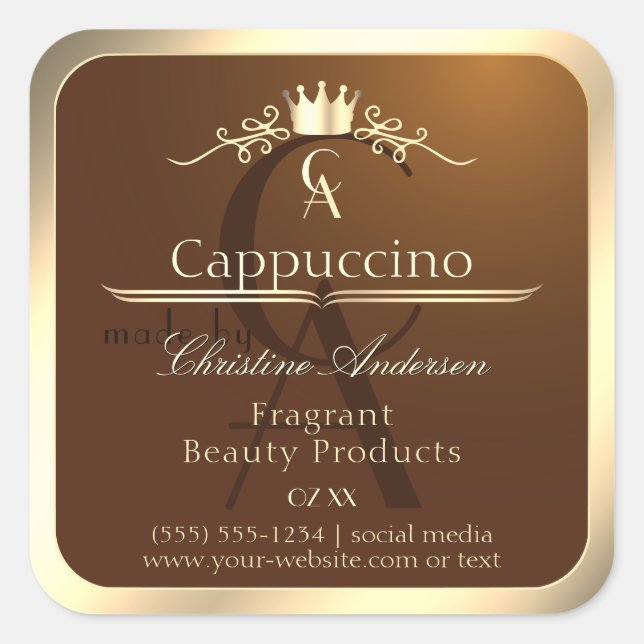 Coffee Brown Product Label Gold Frame and Monogram (Front)