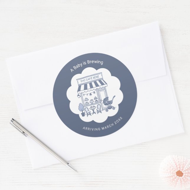 Coffee Brunch Theme Bebe Cafe Blue 2 Baby Shower Classic Round Sticker (Envelope)