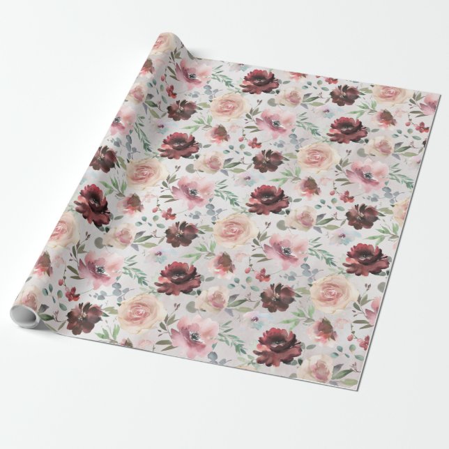 Coffee Burgundy Pink Peony Mondial Roses Garden Wrapping Paper (Unrolled)