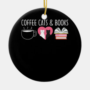 Coffee Cat Book Cute Bookworm Gift Ceramic Tree Decoration