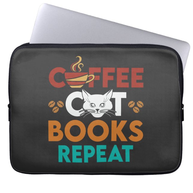  Coffee Cat Books Repeat, Coffee reading Cat Lover Laptop Sleeve (Front)