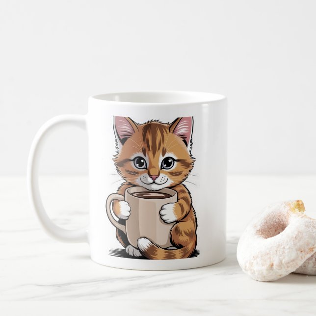 Coffee Cat ☕🐱 – Cute Cat with Coffee Design Mug (With Donut)