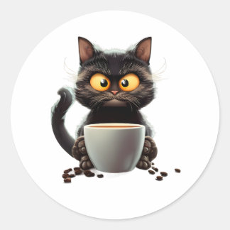 Coffee Cat Vintage Cartoon Colourful Classic Round Sticker