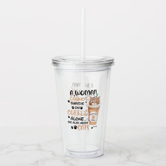 Coffee & Cats – Cute Kawaii Art Acrylic Tumbler (Front)