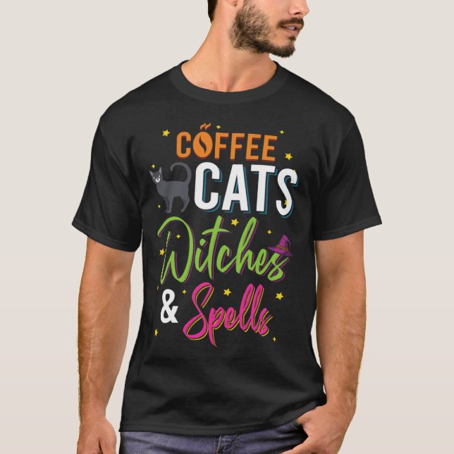 Coffee Cats Witches And Spells Cute Halloween T-Shirt (Front)