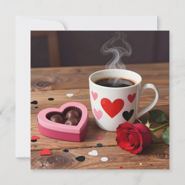 Coffee, Chocolates, Red Rose Valentine's Day Holiday Card (Front)