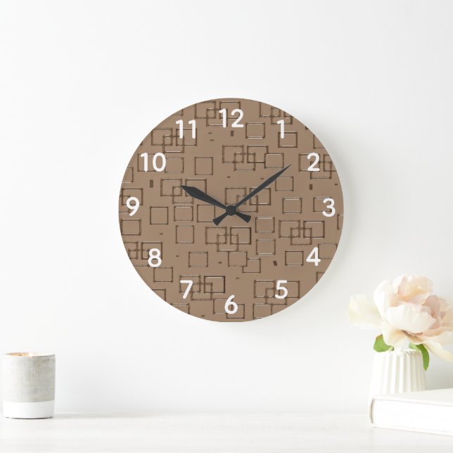 Coffee Coloured Squares Pattern Large Clock (Home)