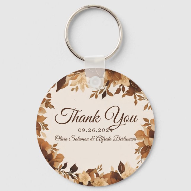 Coffee & Cream Autumn Floral Theme Wedding invite  Key Ring (Front)