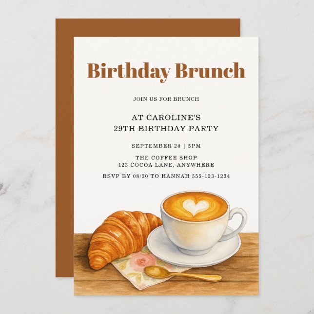 Coffee & Croissant 29th Adult Birthday Brunch Invitation (Front/Back)